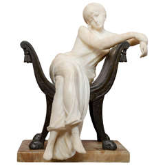 Italian Art Deco Alabaster and Bronze Sculpture, Seated Maiden