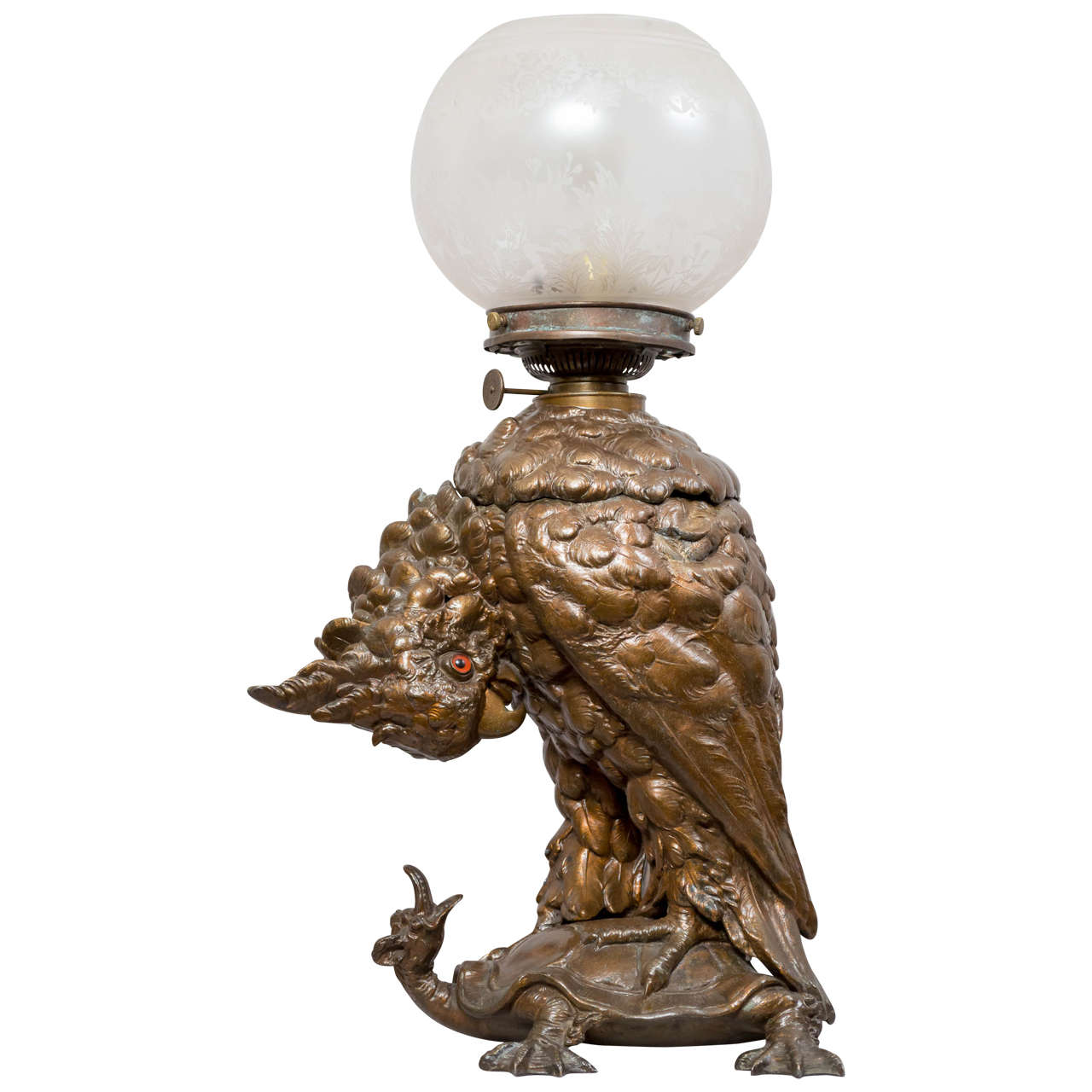 American Victorian Kerosene Figural Table Lamp, Cockatoo on Turtle at