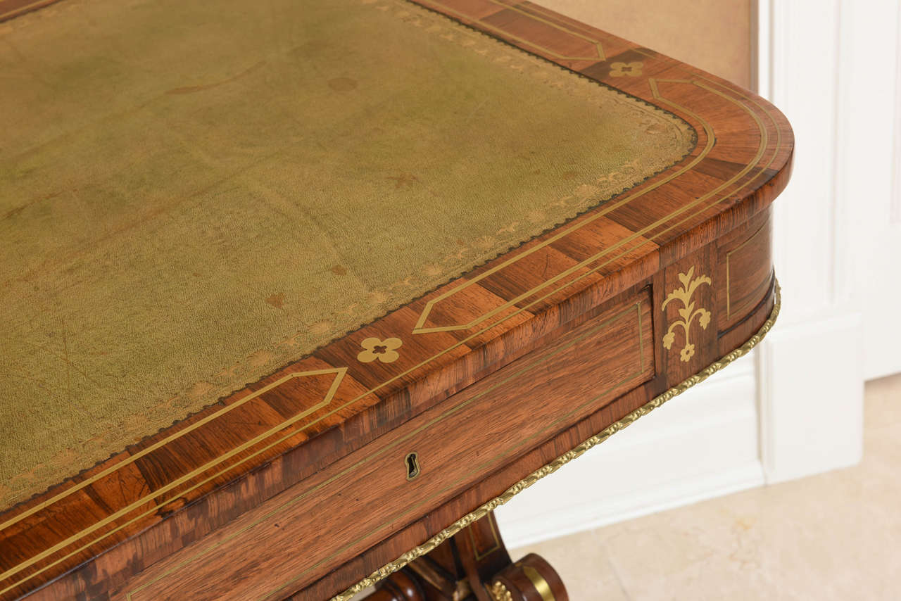 English Regency Leather Top Brass Inlaid Rosewood Library Table