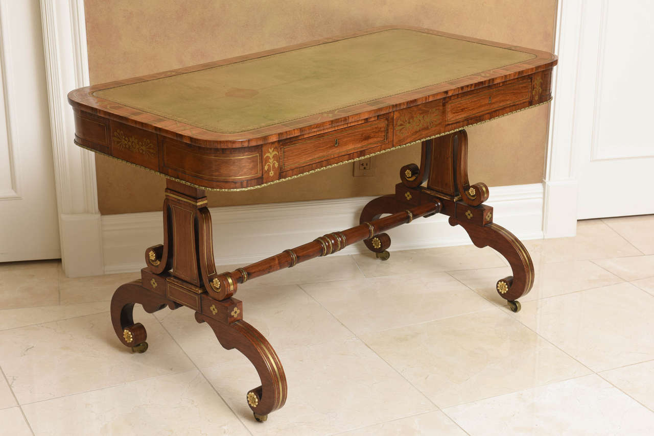 Regency Leather Top Brass Inlaid Rosewood Library Table In Excellent Condition In New York, NY