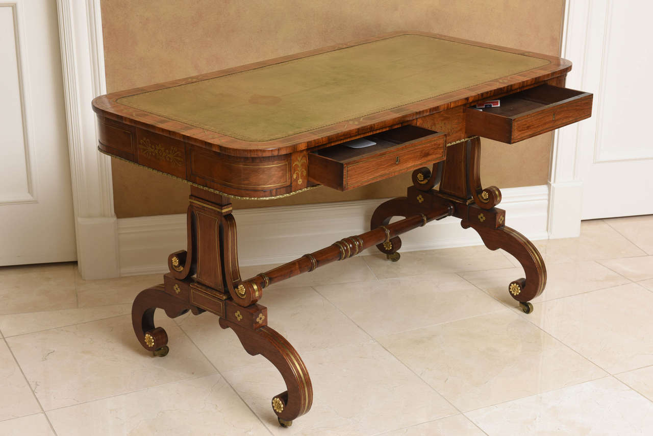 Early 19th Century Regency Leather Top Brass Inlaid Rosewood Library Table