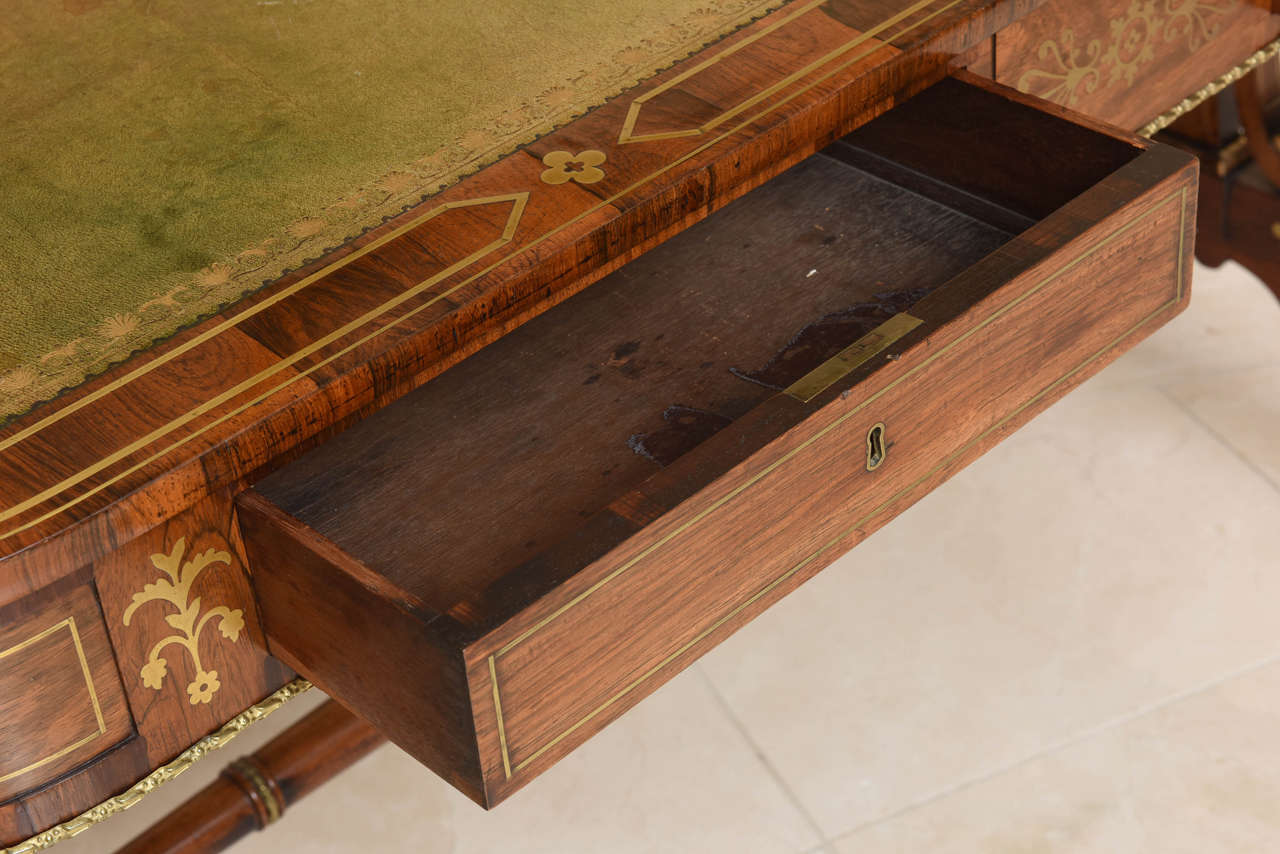 Regency Leather Top Brass Inlaid Rosewood Library Table 1