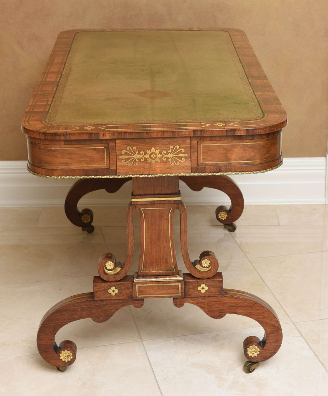 Regency Leather Top Brass Inlaid Rosewood Library Table 3