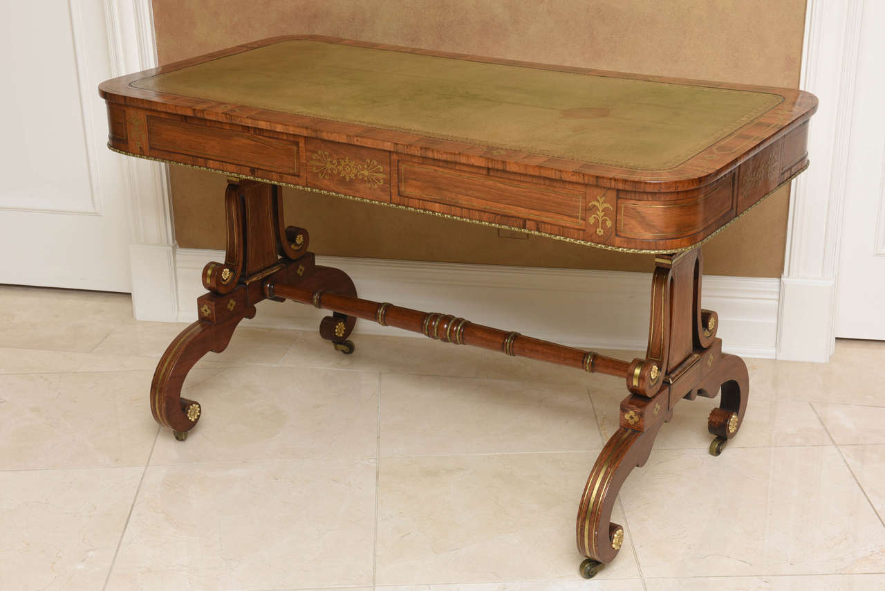 Regency Leather Top Brass Inlaid Rosewood Library Table 4