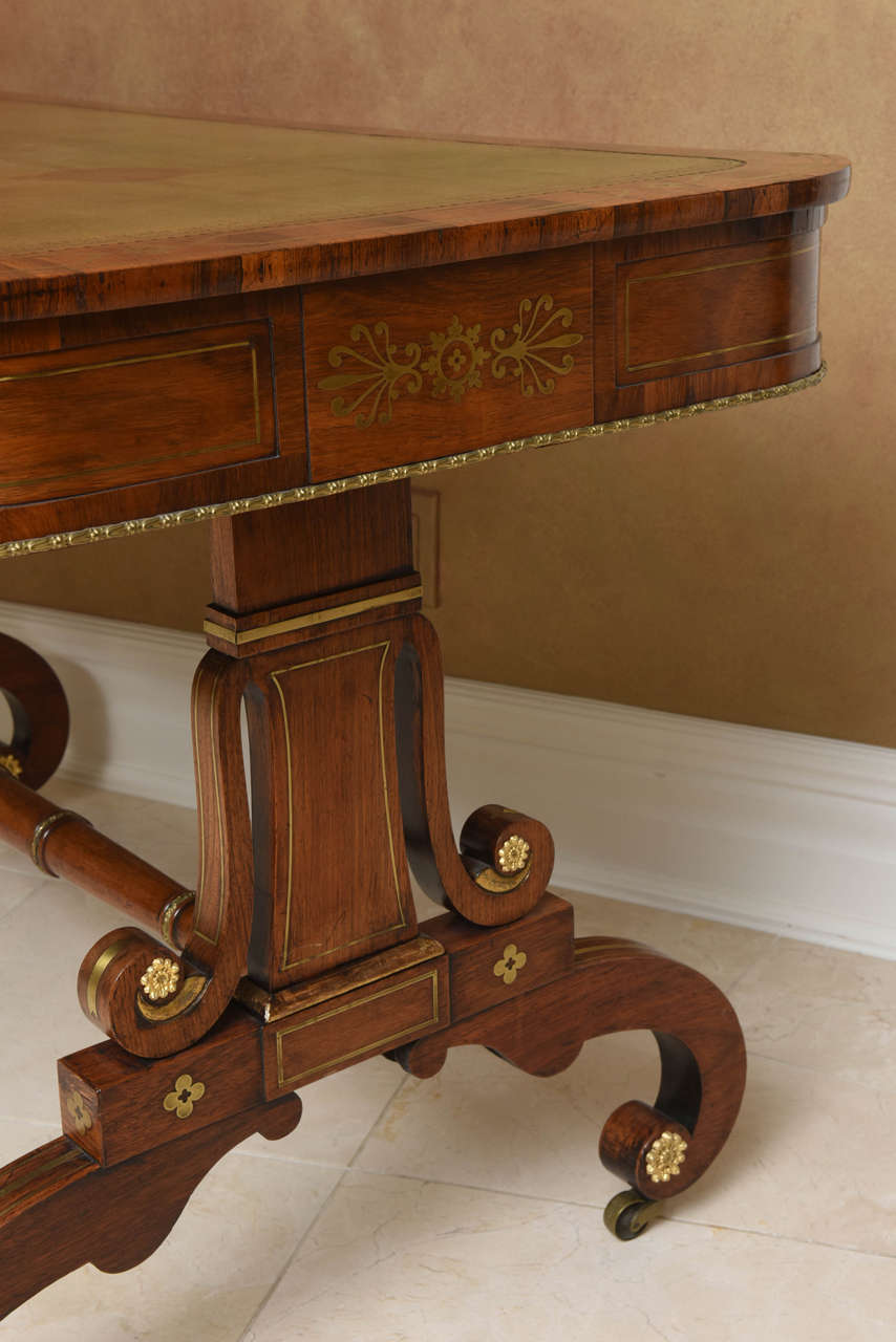 Regency Leather Top Brass Inlaid Rosewood Library Table 5