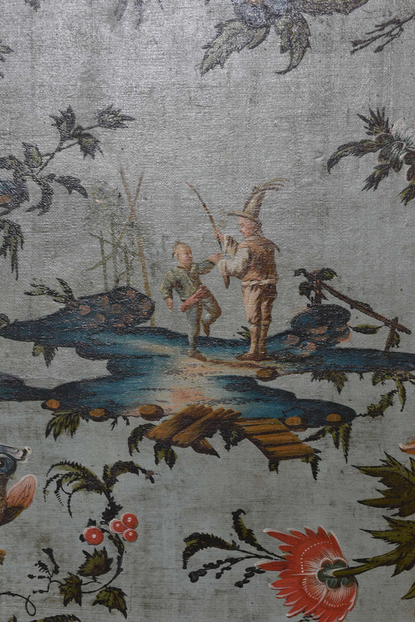 Each depicting fanciful chinoiserie figures, flora and fauna in the manner of Jean-Baptiste Pillement on a blue-grey ground.

Provenance: Bernd Goeckler, New York, NY.