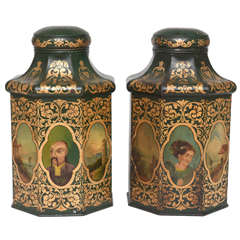 Pair of English 19th Century Chinoiserie Tole Tea Canisters