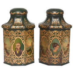 Pair of English 19th Century Chinoiserie Tole Tea Canisters 1