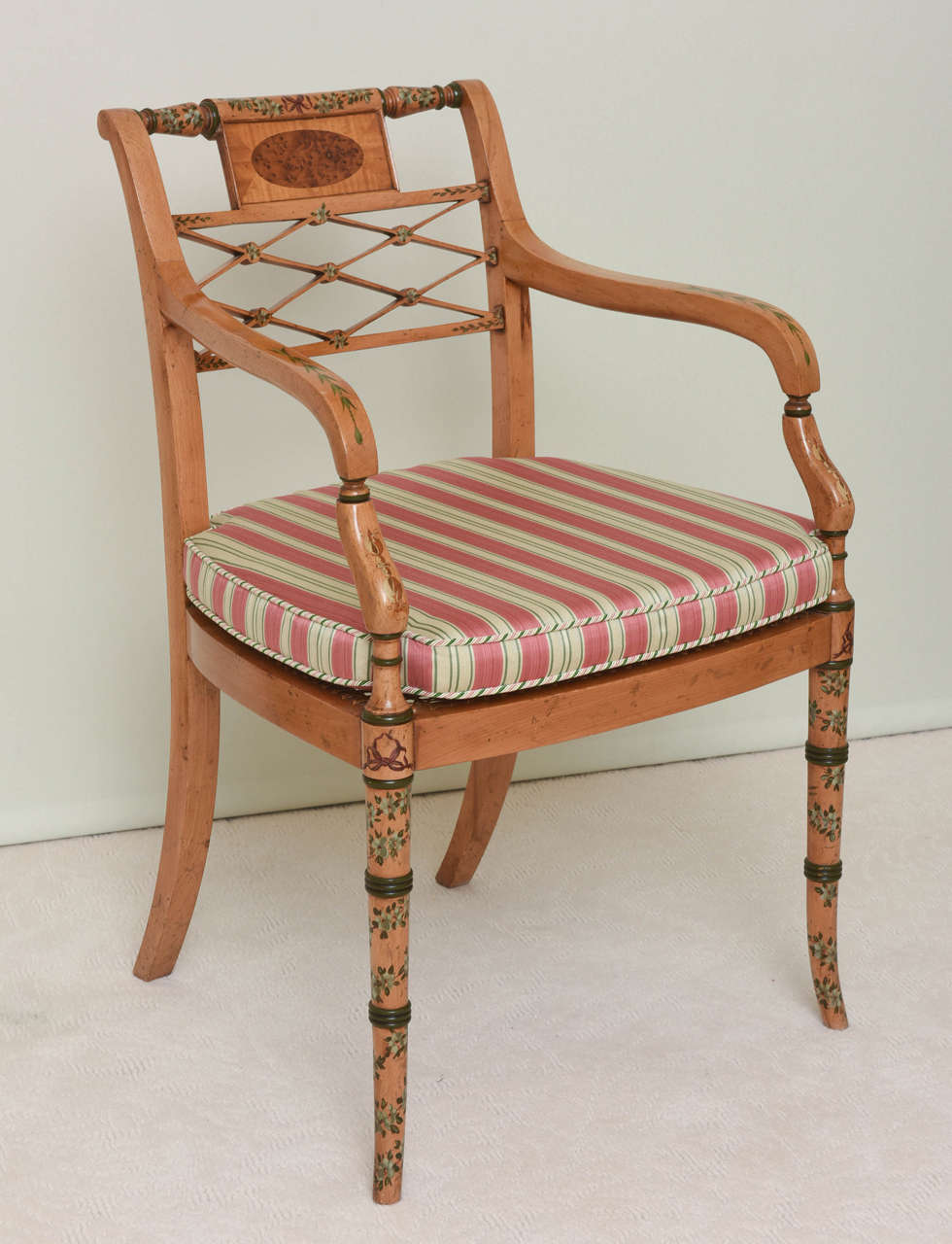 Polychromed Pair of Regency Style Satinwood and Painted Armchairs