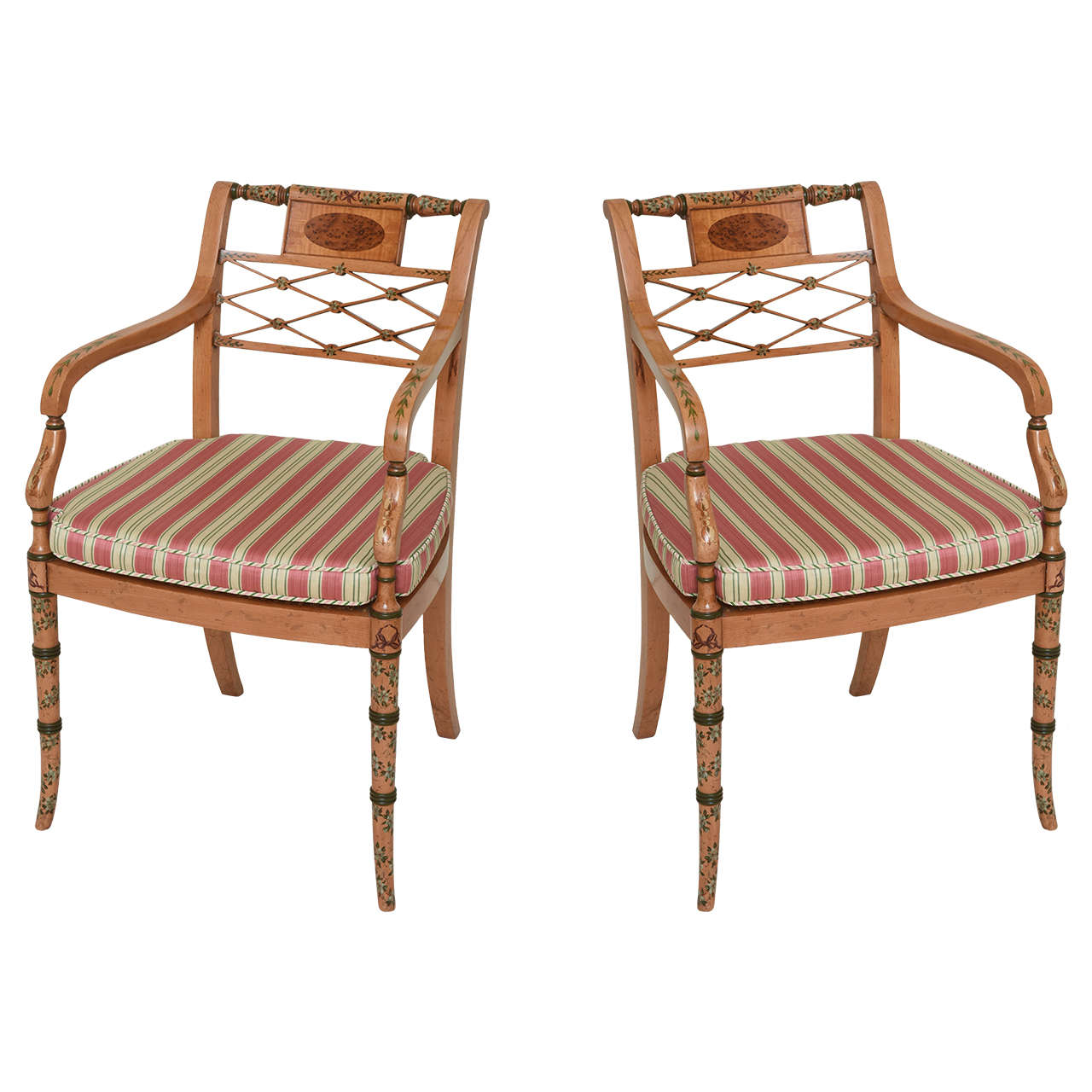 Pair of Regency Style Satinwood and Painted Armchairs