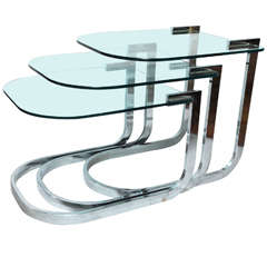 Three Modernist Nickel-Plate and Glass DIA Nesting Tables