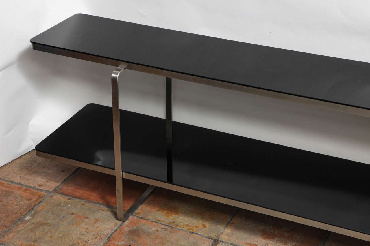 Blackened Two-Tiered Long Modernist Black Glass Console Table
