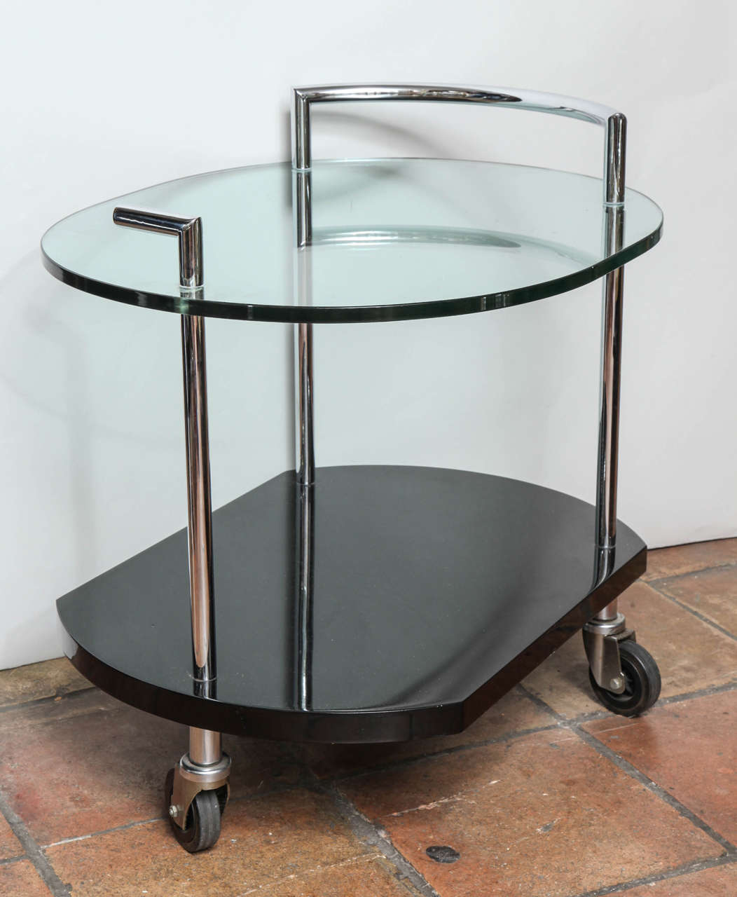 Modernist Two-Tiered Glass, Lacquer and Nickel-Plated Bar Cart In Excellent Condition In New York, NY