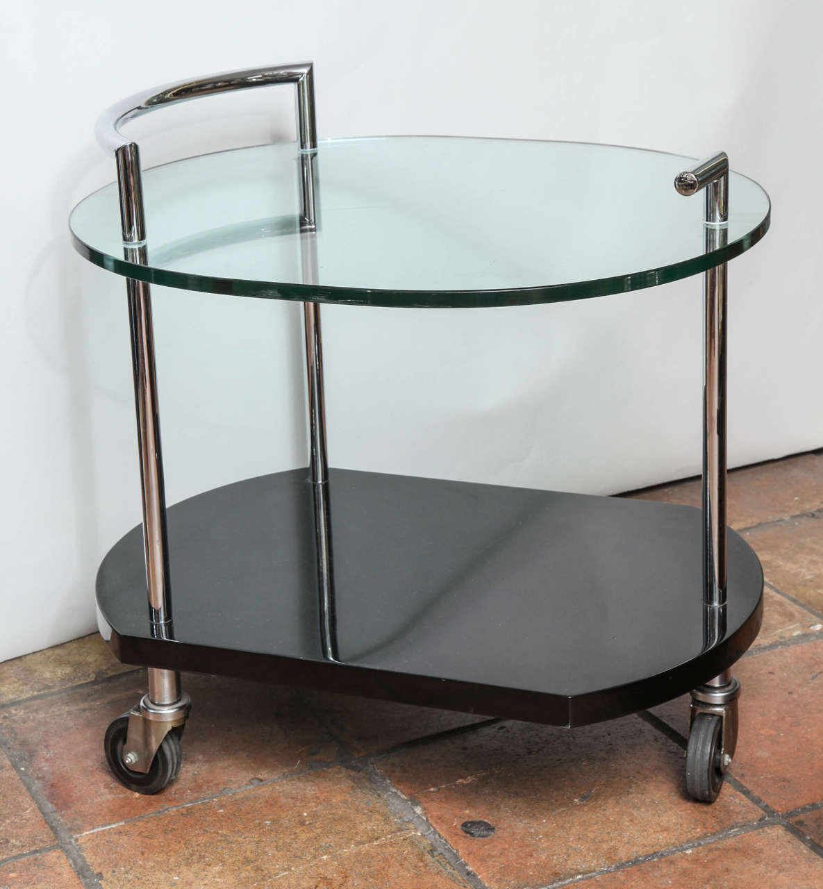 Modernist Two-Tiered Glass, Lacquer and Nickel-Plated Bar Cart 2