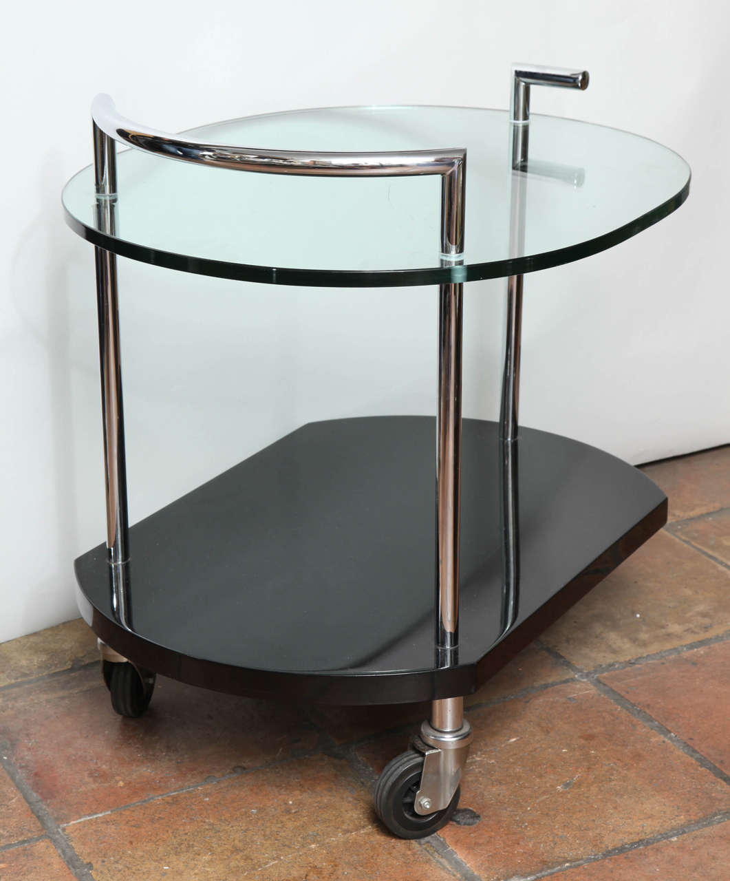 Modernist Two-Tiered Glass, Lacquer and Nickel-Plated Bar Cart 5