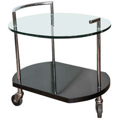 Modernist Two-Tiered Glass, Lacquer and Nickel-Plated Bar Cart