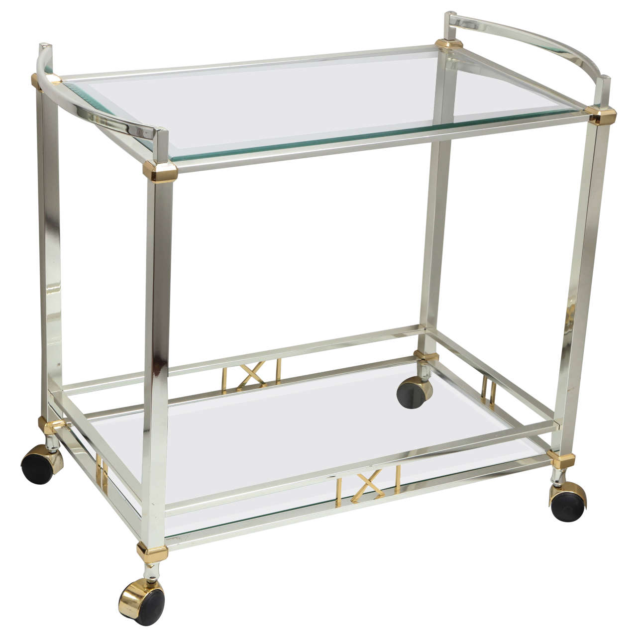 Italian Nickel-Plated and Brass Beveled Glass Bar Cart