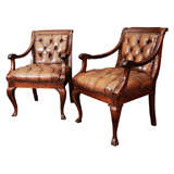 Pair of English Rosewood and Leather Upholstered Library