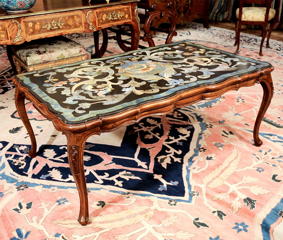 An Italian Scagliola Table Top on Later Walnut Base