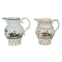 2 of a Collection of English Prattware Jugs with Riding Scenes