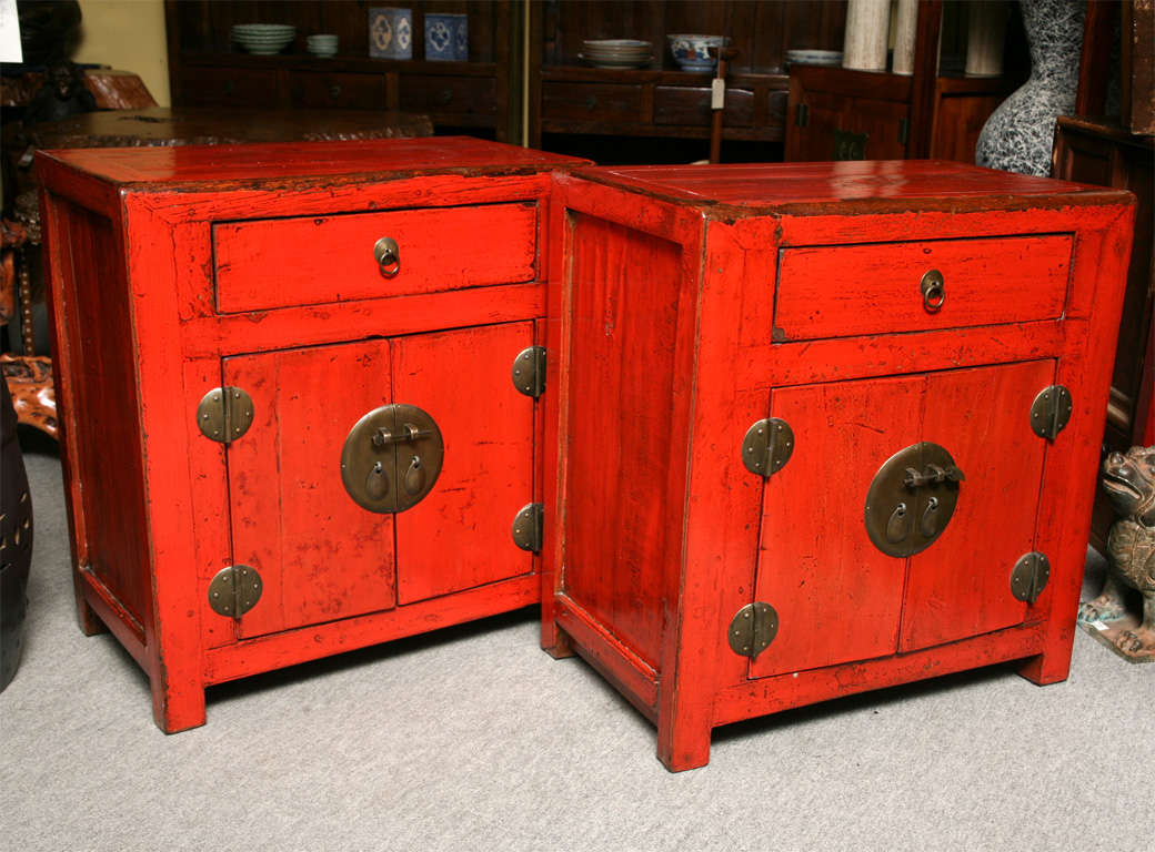 Pair of Red Lacquer Bedside Cabinets