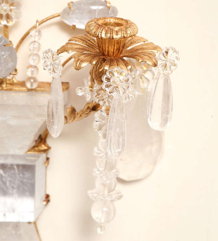 Set of Four Rock Crystal and Gilt Metal Chinoiserie Style Wall Light Sconces In Excellent Condition For Sale In New York, NY