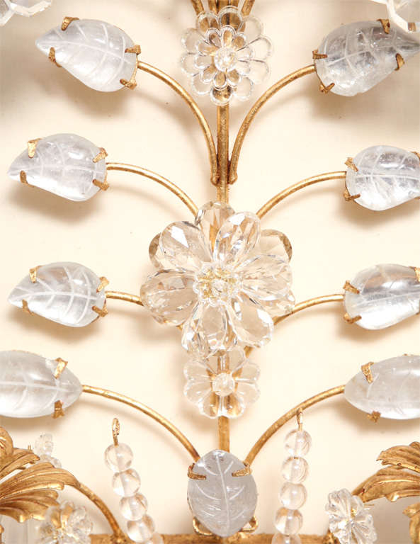 Contemporary Set of Four Rock Crystal and Gilt Metal Chinoiserie Style Wall Light Sconces For Sale