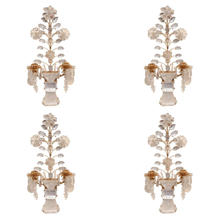 Set of Four Rock Crystal and Gilt Metal Chinoiserie Style Wall Light Sconces For Sale