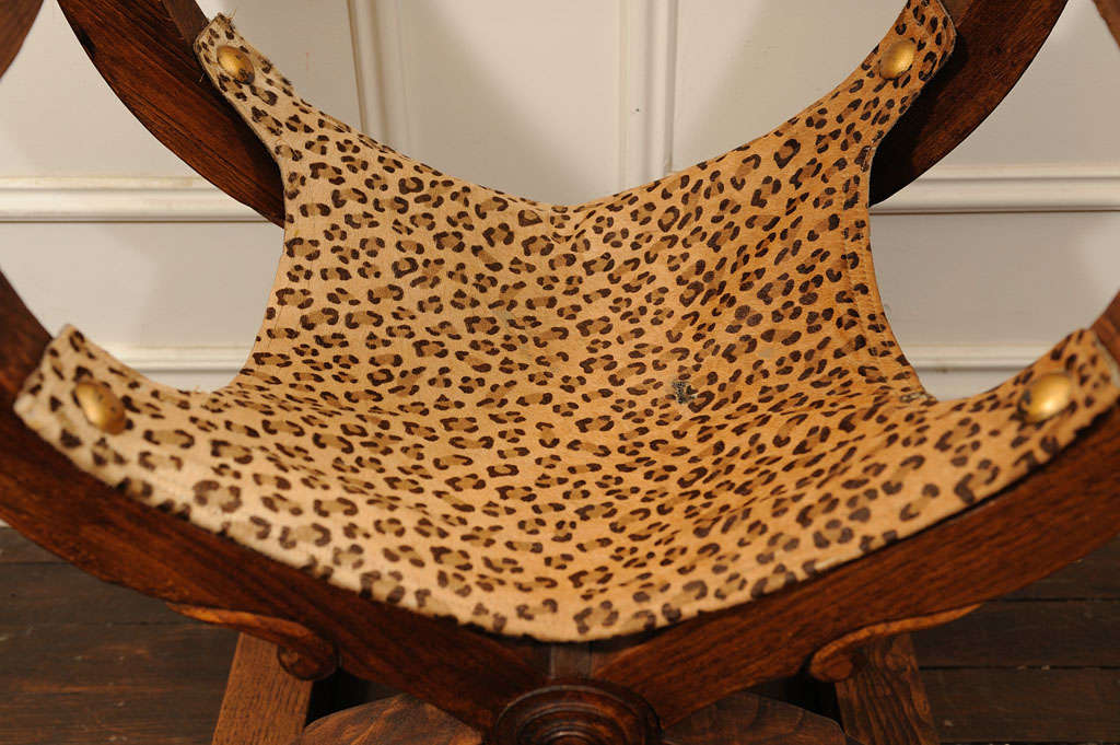 Leather Carved Wood Campaine Chair For Sale