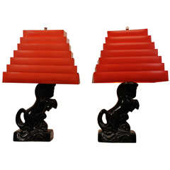 Retro Pair of Black, Ceramic Horse Lamps with Collabsable Metal Shades