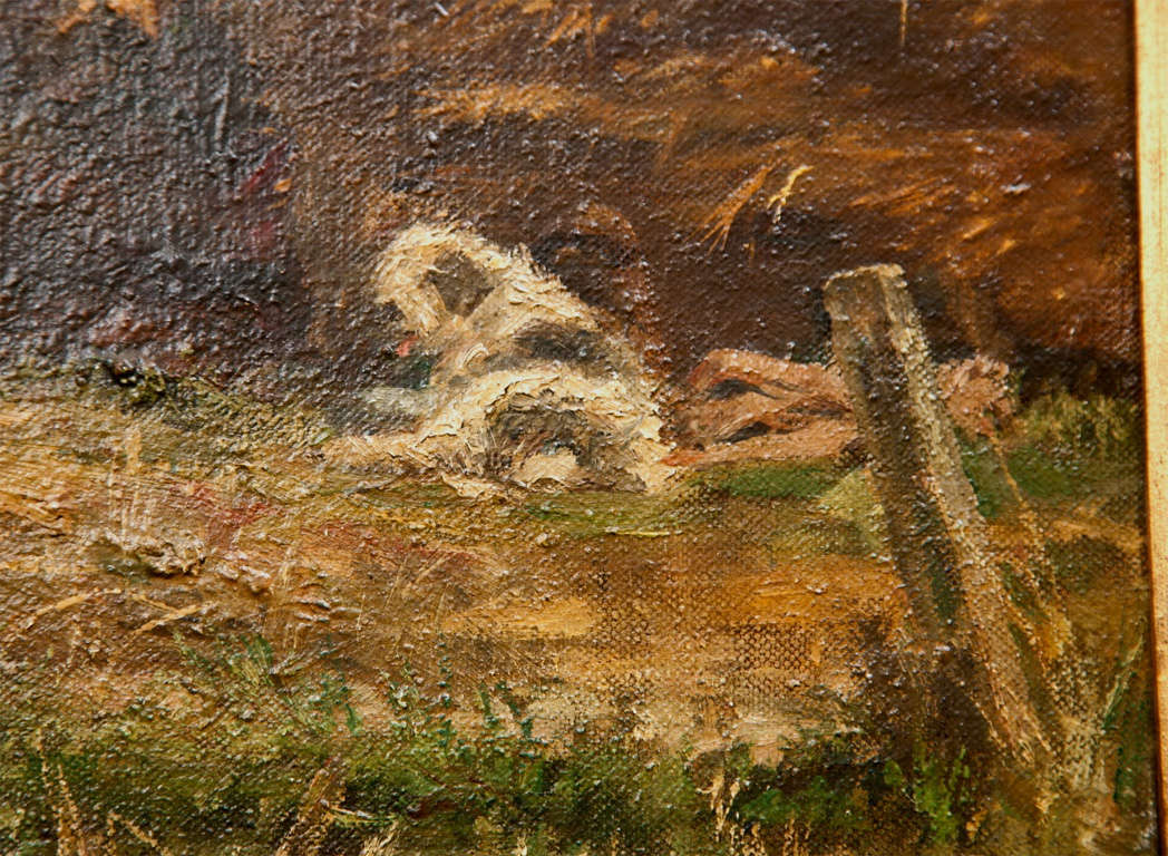 19th C Oil on Canvas of an English Barnyard Scene with Staddlestones For Sale 11