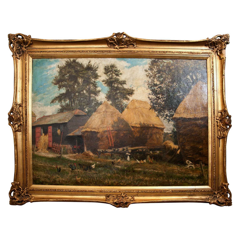 19th C Oil on Canvas of an English Barnyard Scene with Staddlestones For Sale