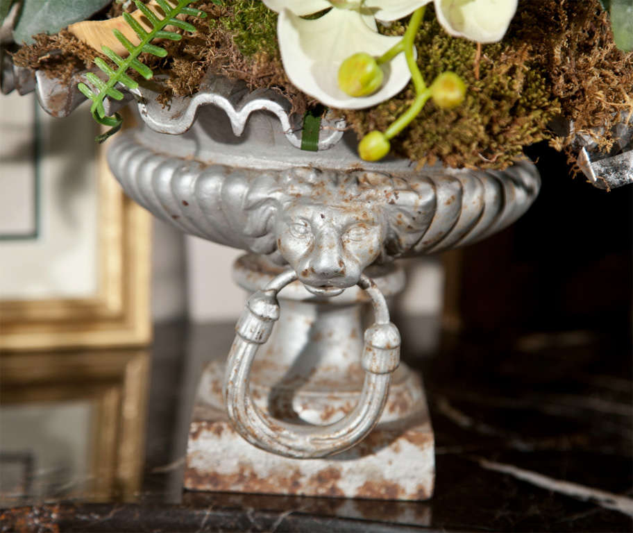 French Tabletop Cast Iron Urn with Ruffled Rim and Ringed Lion Handles In Good Condition For Sale In Woodbury, CT