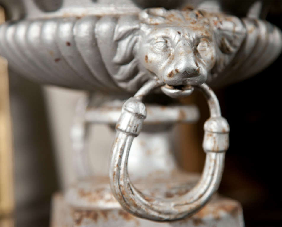 Tabletop Cast Iron Urn with Ruffled Rim and Ringed Lion Handles For