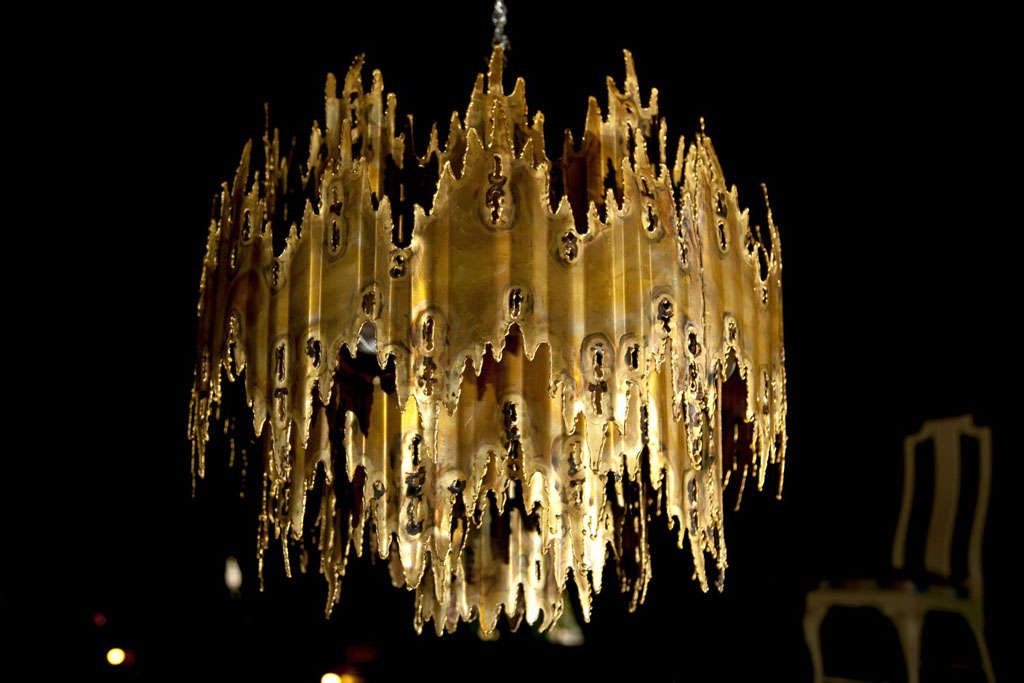 Distressed metal chandelier with original, matching canopy.  Consists of six lights and one center down light.