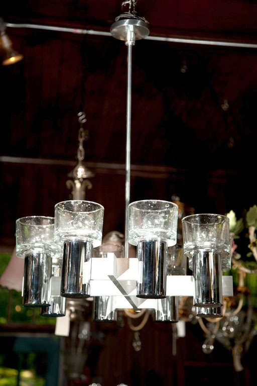 Lightolier Chrome and Glass Chandelier For Sale 2