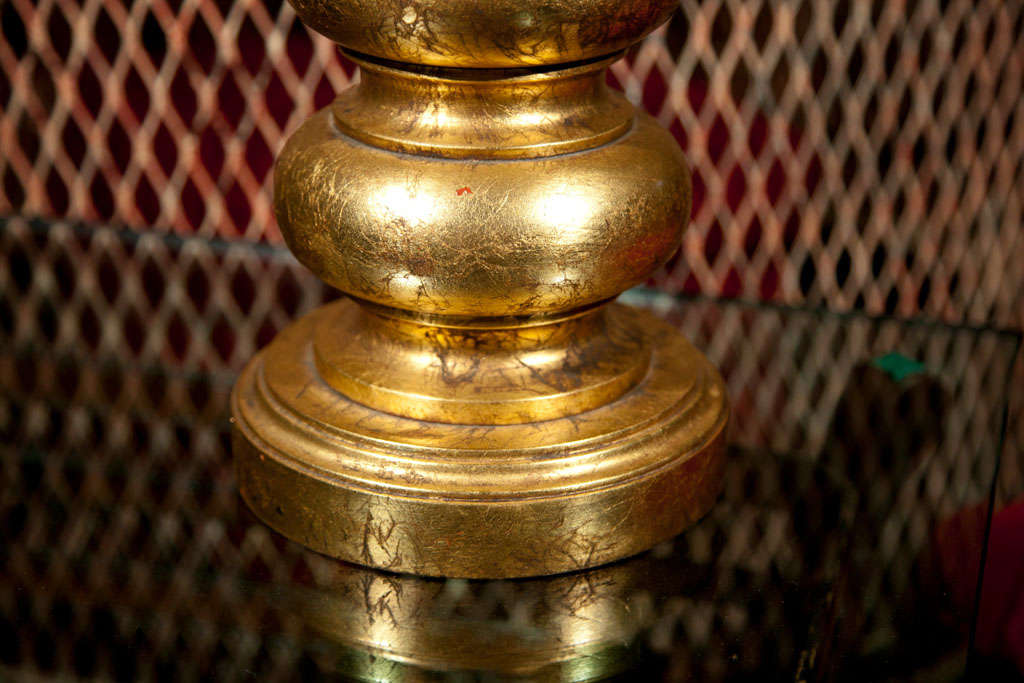 James Mont gilt ball lamp with original gilt paper shade and original gilt ball finial. Lamp has original diffuser. 14