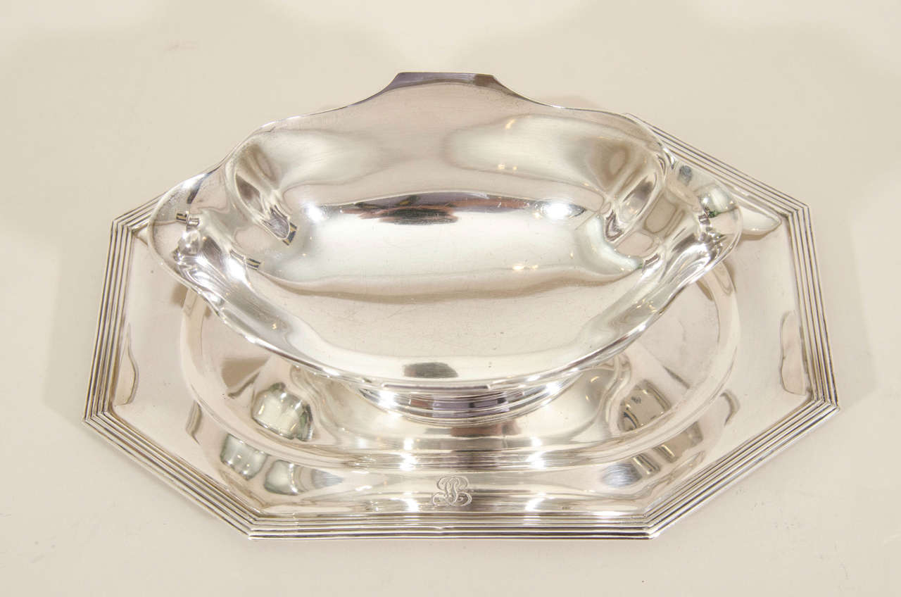 20th Century Jean Puiforcat French Art Deco Sterling Silver Saucier on Tray For Sale