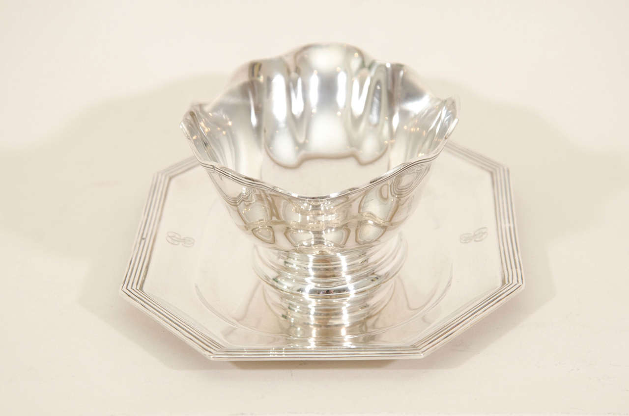 Jean Puiforcat French Art Deco Sterling Silver Saucier on Tray For Sale 2