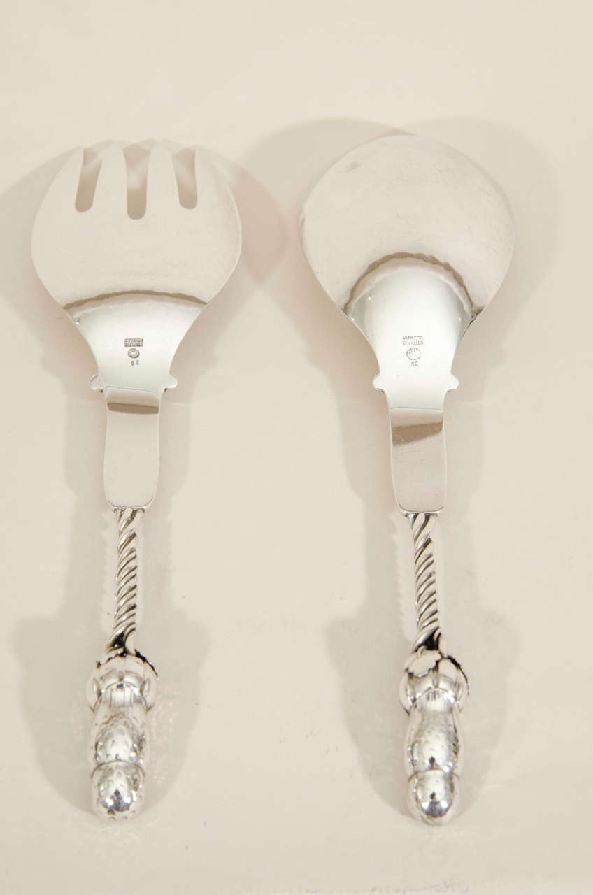 Pair of Figural-handled Owl Silver Salad Servers by Georg Jensen