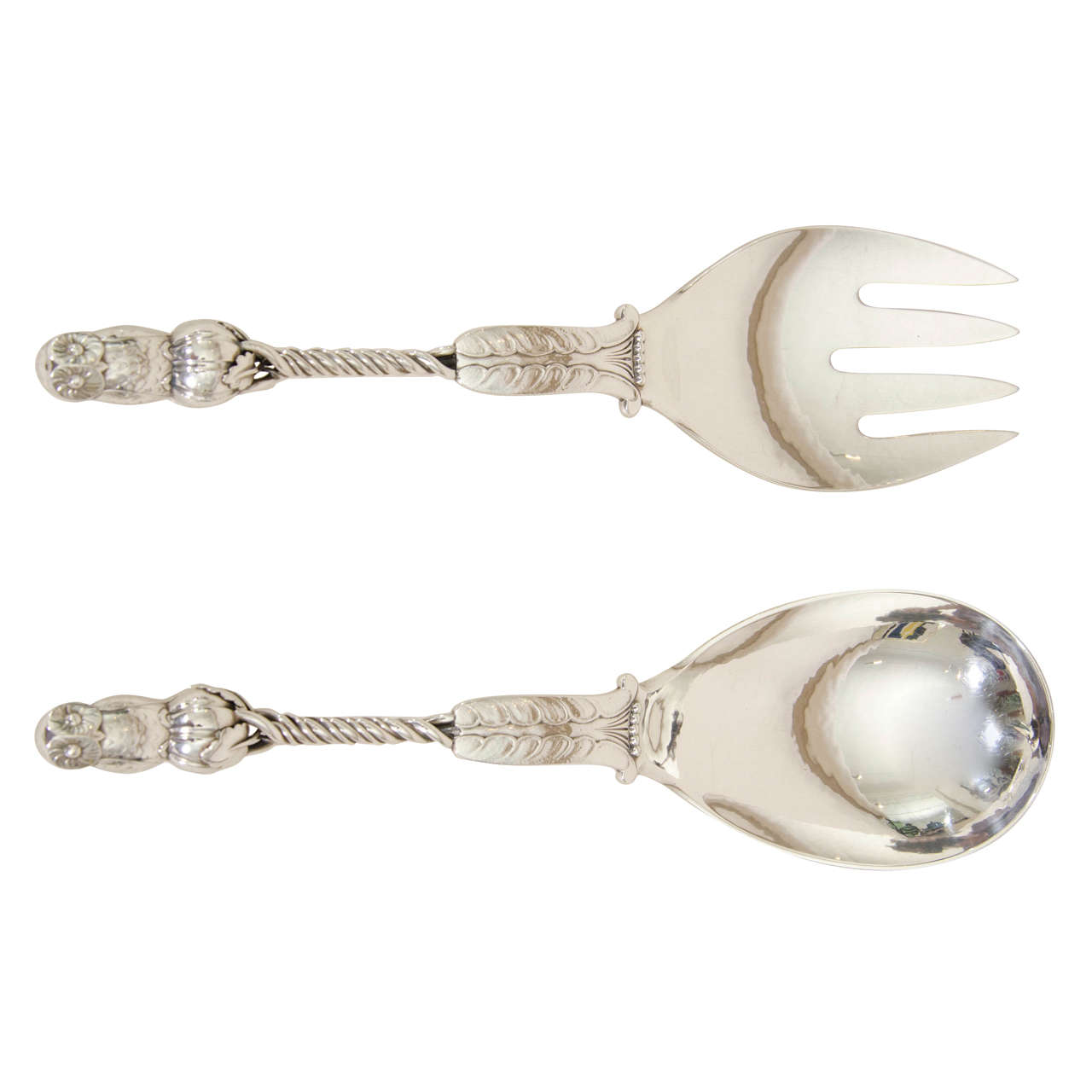 Pair of Figural-handled Owl Silver Salad Servers by Georg Jensen