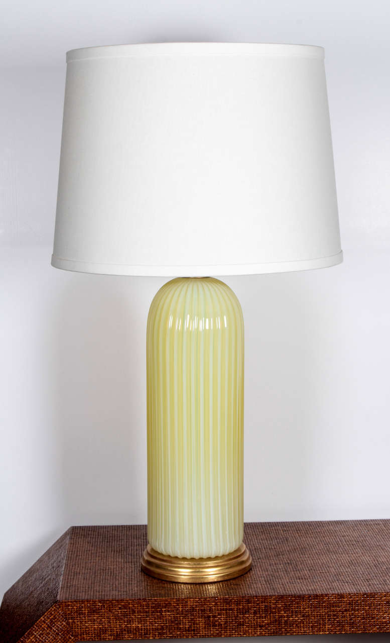 Large Seguso Citron Ribbed Lamp. Gilt Base. Rewired- Double Cluster. Silk Cord- Shade Sold Seperate