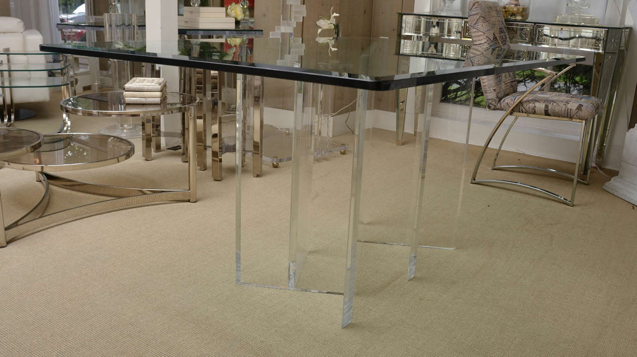 Mid-Century Modern Beveled Glass Top Dining Table with Attractive Lucite Base