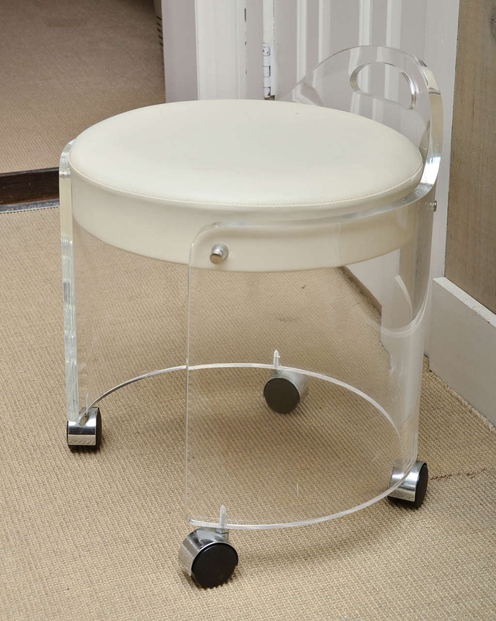 Vintage round Lucite vanity stool on casters with white leather upholstery by Charles Hollis Jones