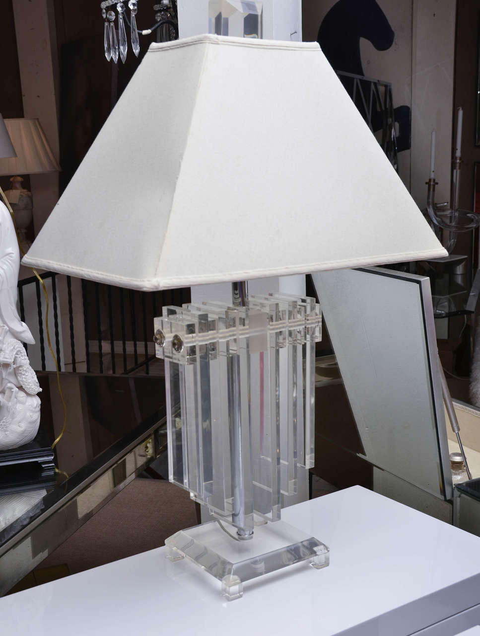 Vintage Lucite stack lamp with original custom shade. The vintage Lucite finial measures 3 x 3 x 3 in
