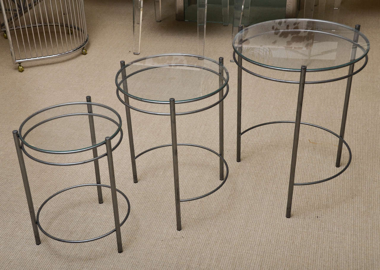 Mid-Century Modern Set of Three Metal and Glass Round Nesting Tables