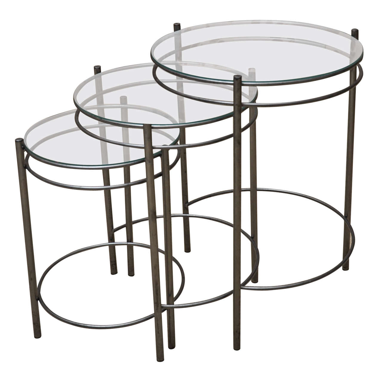 Set of Three Metal and Glass Round Nesting Tables at 1stdibs