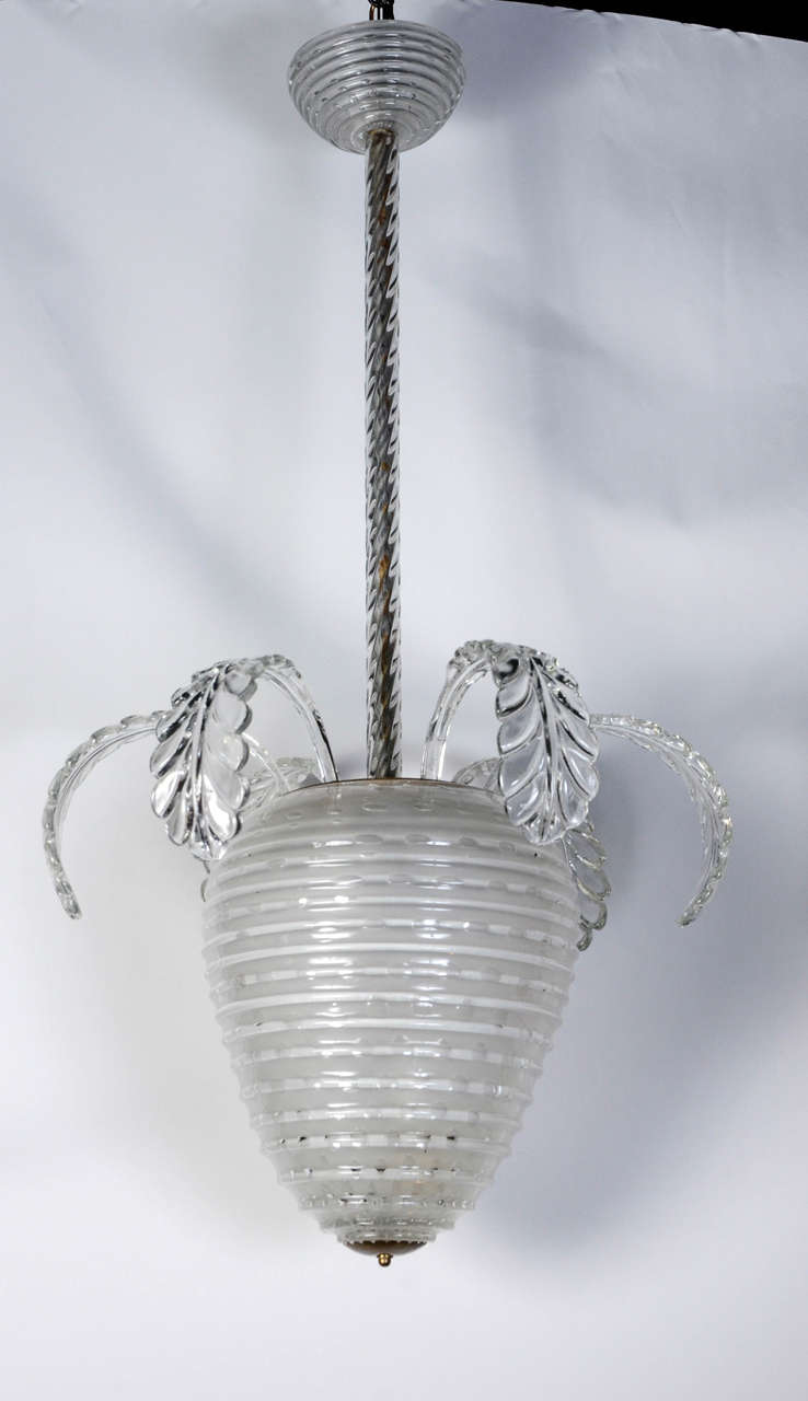 Murano Barovier, 1940s chandelier. White opalescent glass, in the shape of a pineapple.