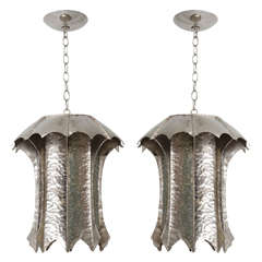 Vintage Pair of Hammered Tin  Pendants or Lanterns with Scalloped Edges