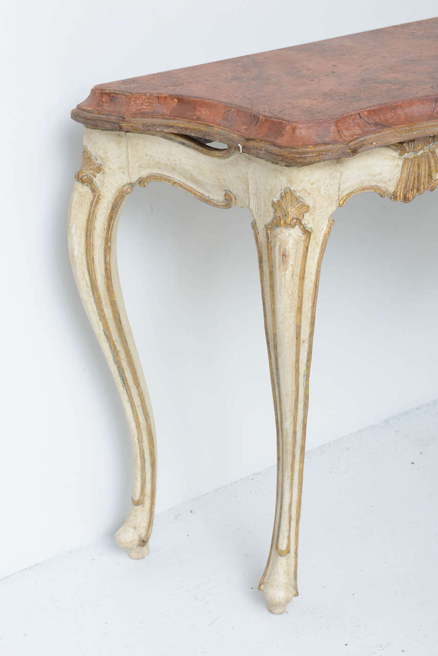 Pair of Italian Florentine Louis XV Style Console Tables with Faux Painted Top In Good Condition For Sale In West Palm Beach, FL